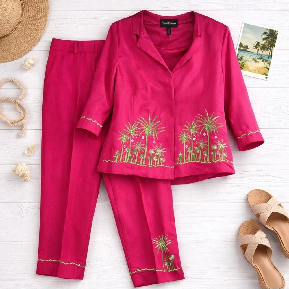 Russell Kemp Vintage Silk Pantsuit Sz 12 Embroidered Tropical Cruise Island Pink